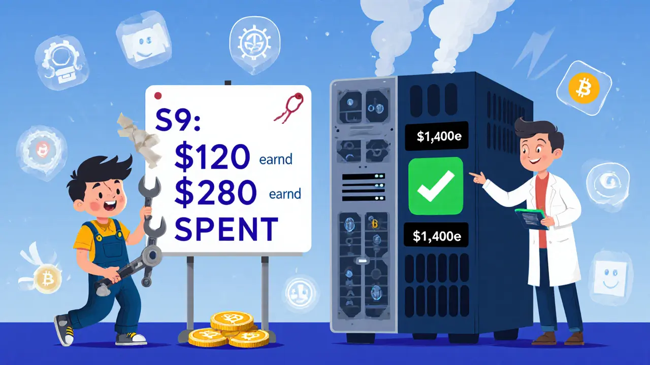 A boy fixing a broken used miner while a robot shows a scoreboard of losses, beside a profitable new miner.