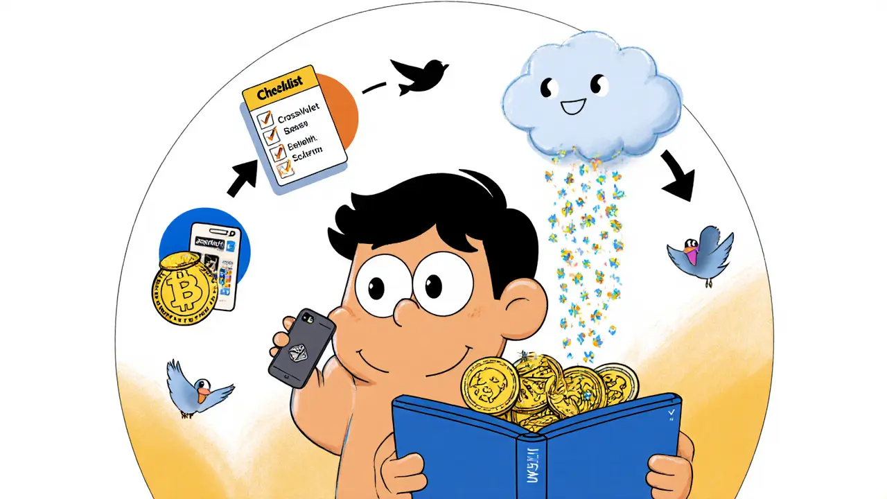 A cartoon character follows a checklist and receives CWT tokens falling into their wallet.