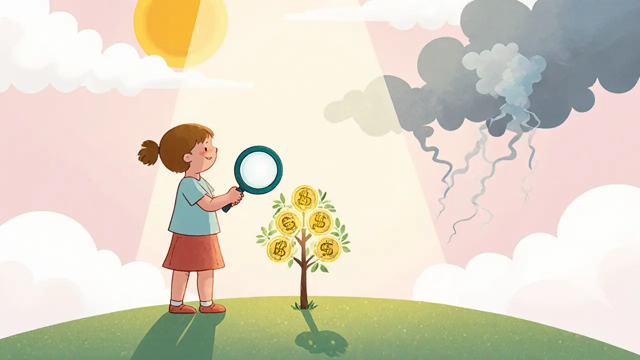 A child looks at a glowing tree of CWT tokens, symbolizing future growth and outlook.