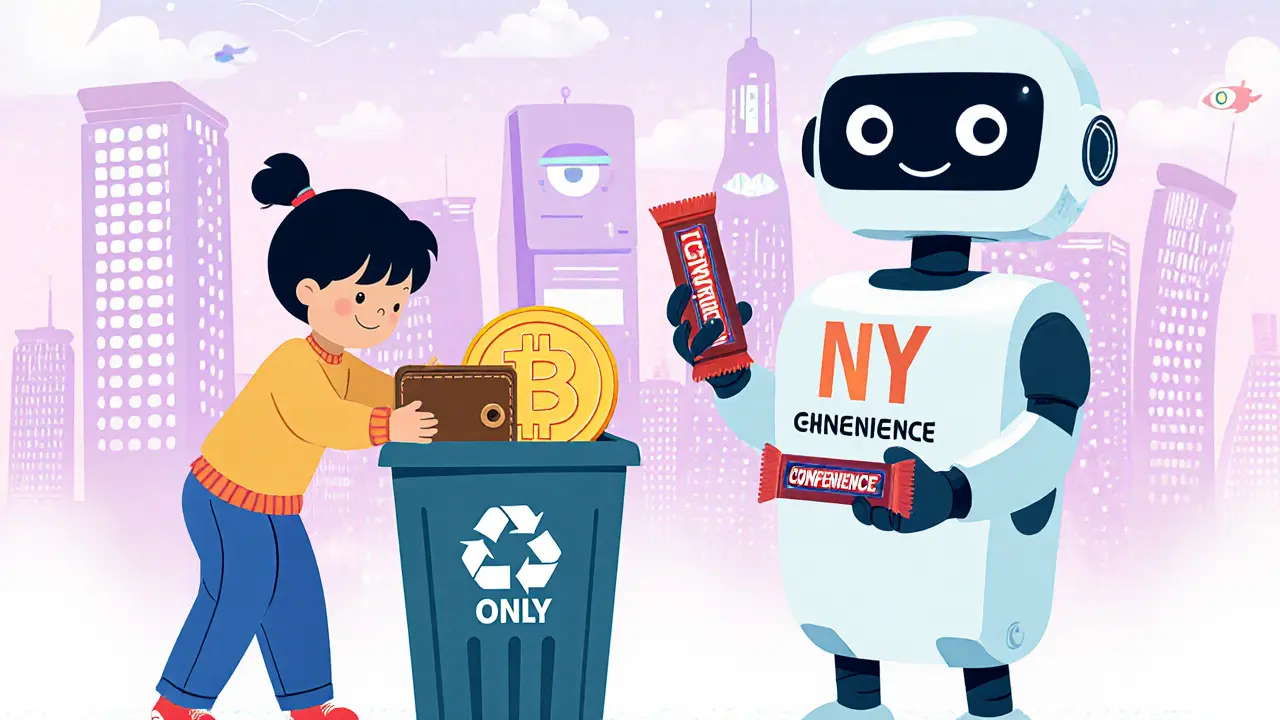 A child puts a crypto wallet in a bin while a robot offers a digital yuan candy bar, with a glowing city behind.