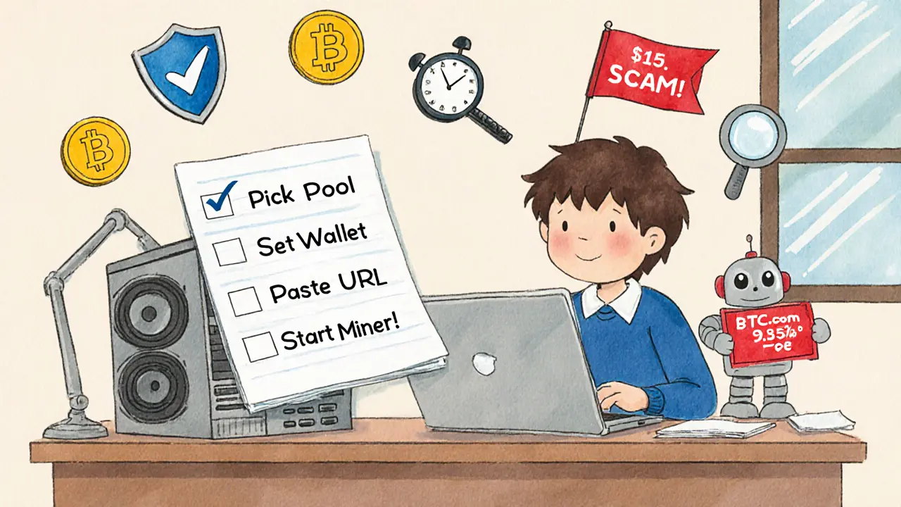 A child setting up a miner with a checklist, floating icons for uptime, payouts, and dashboard clarity, a scam flag being pushed away.