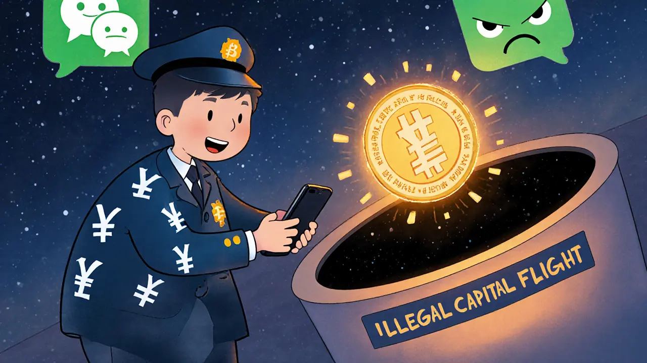 A police officer takes a child&#039;s phone as a USDT coin disappears into a black hole, surrounded by payment app icons.