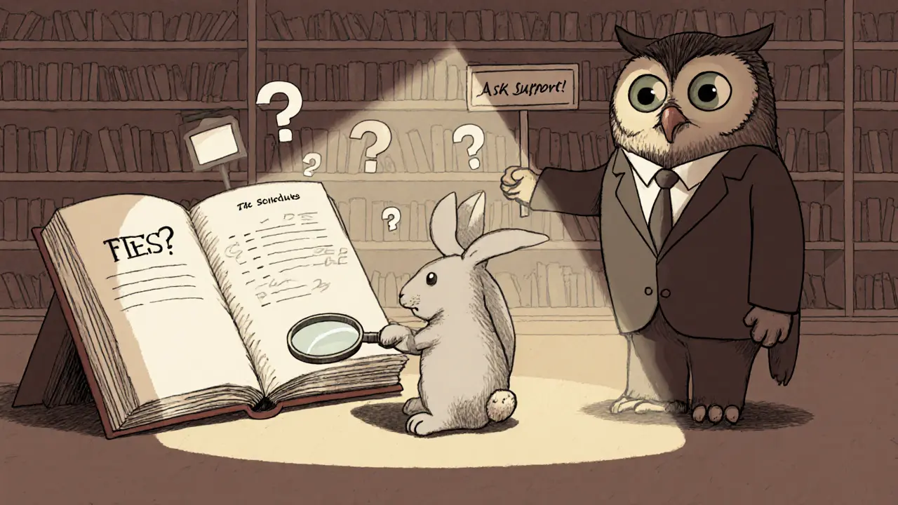 A rabbit using a magnifying glass to search for hidden fees in a book, while an owl points to a blank wall.
