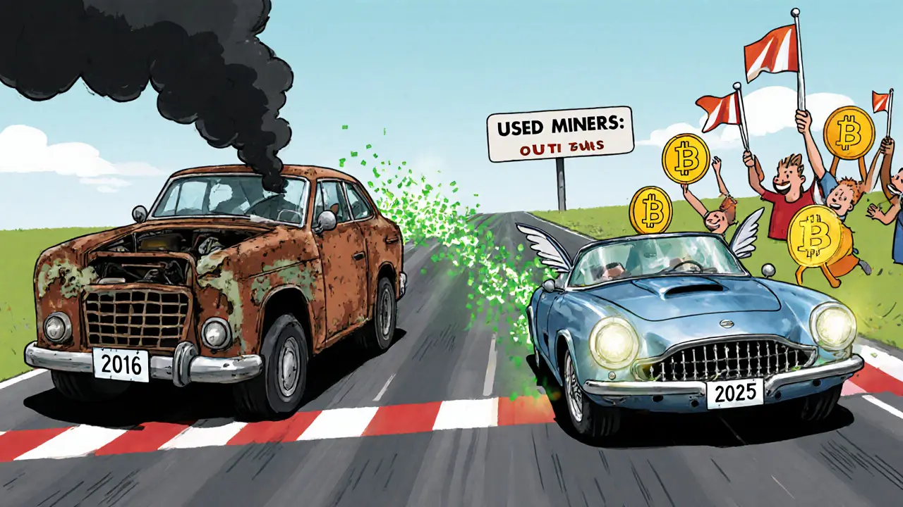 A race between mining rigs: an old S9 lags behind smoke, while a sleek S21e wins with green energy sparks.