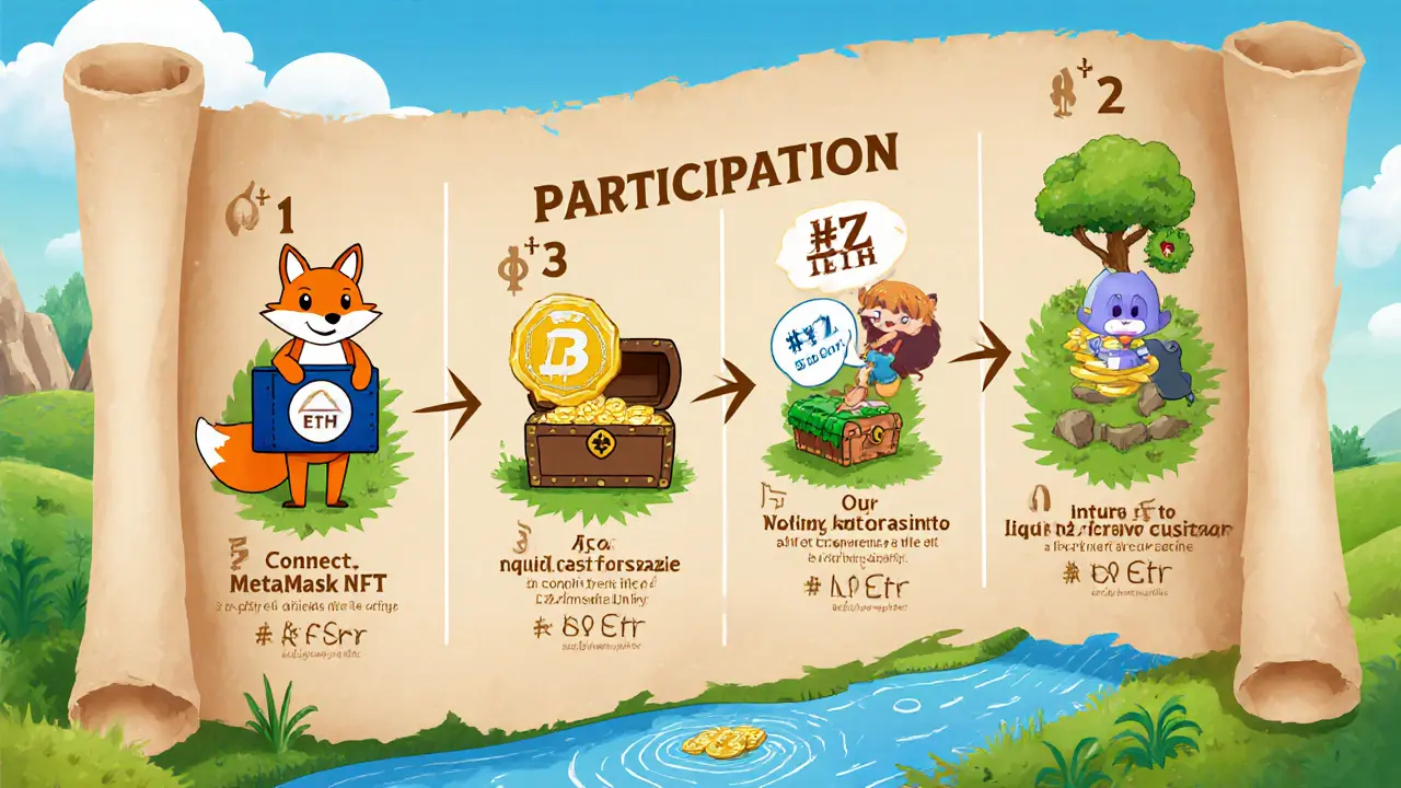 Adventure map illustrating steps: wallet, NFT, staking, liquidity, and Discord quest.