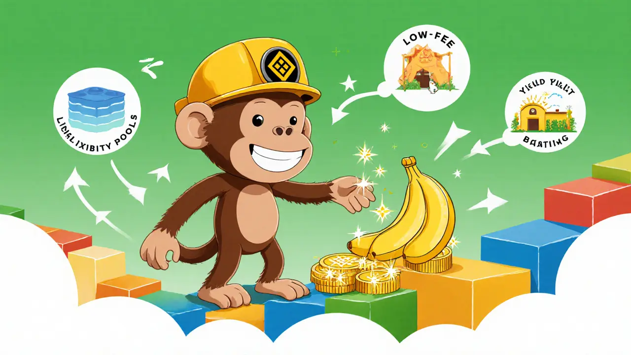 Cartoon ape swapping bananas for BNB on a colorful blockchain road.
