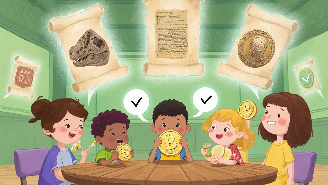 Cartoon children voting with HAO coins over holographic NFT artifacts.