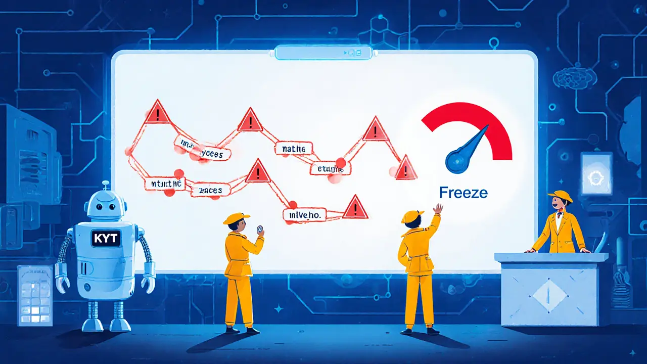 Cartoon detectives and robot scanning a blockchain screen with red flags and a freeze lever.