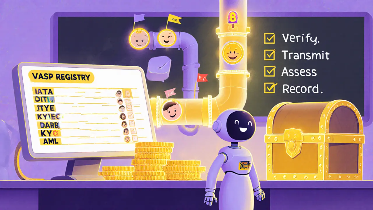 Cartoon office with robot, VASP registry screen, and glowing data pipeline for compliance.