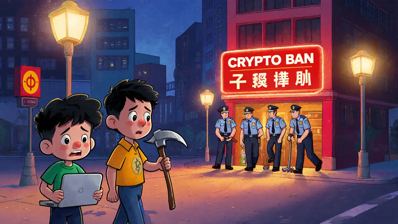 Cartoon police approach a hidden crypto mining farm in a Chinese city, showing caution.