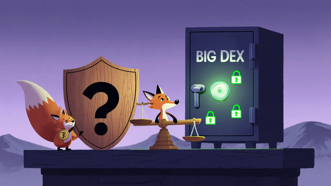 Cautious cartoon fox trader weighs a missing‑audit shield against a big safe DEX.
