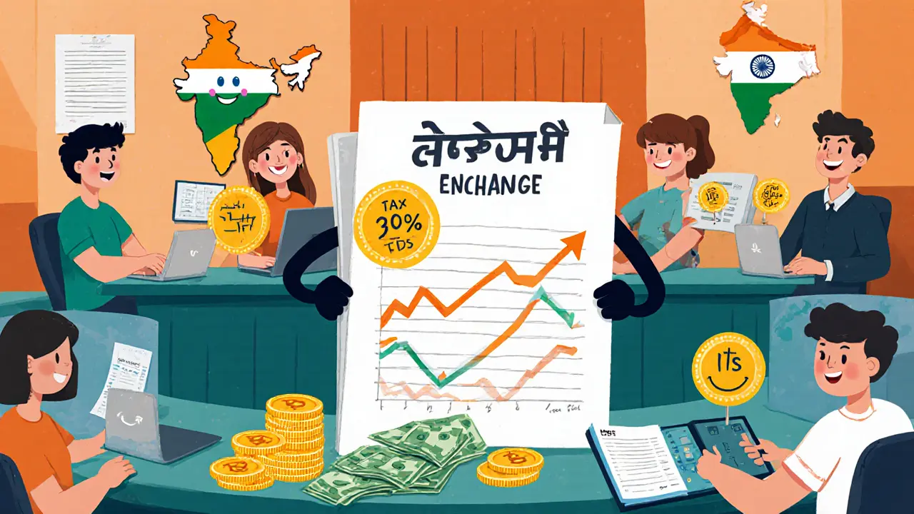 Cheerful traders at an Indian exchange monitor charts beside a smiling tax form with 30% and 1% badges.
