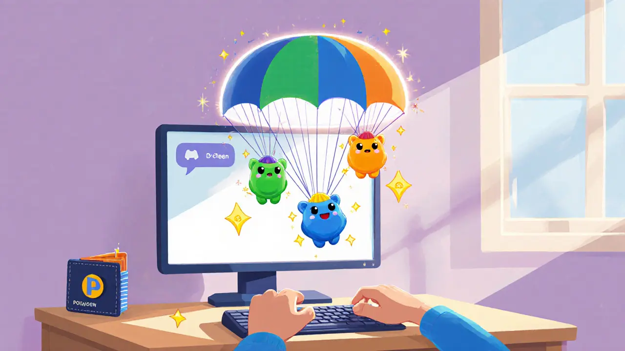 Child at a desk with Discord chat bubble and cute Polqueen characters parachuting down.