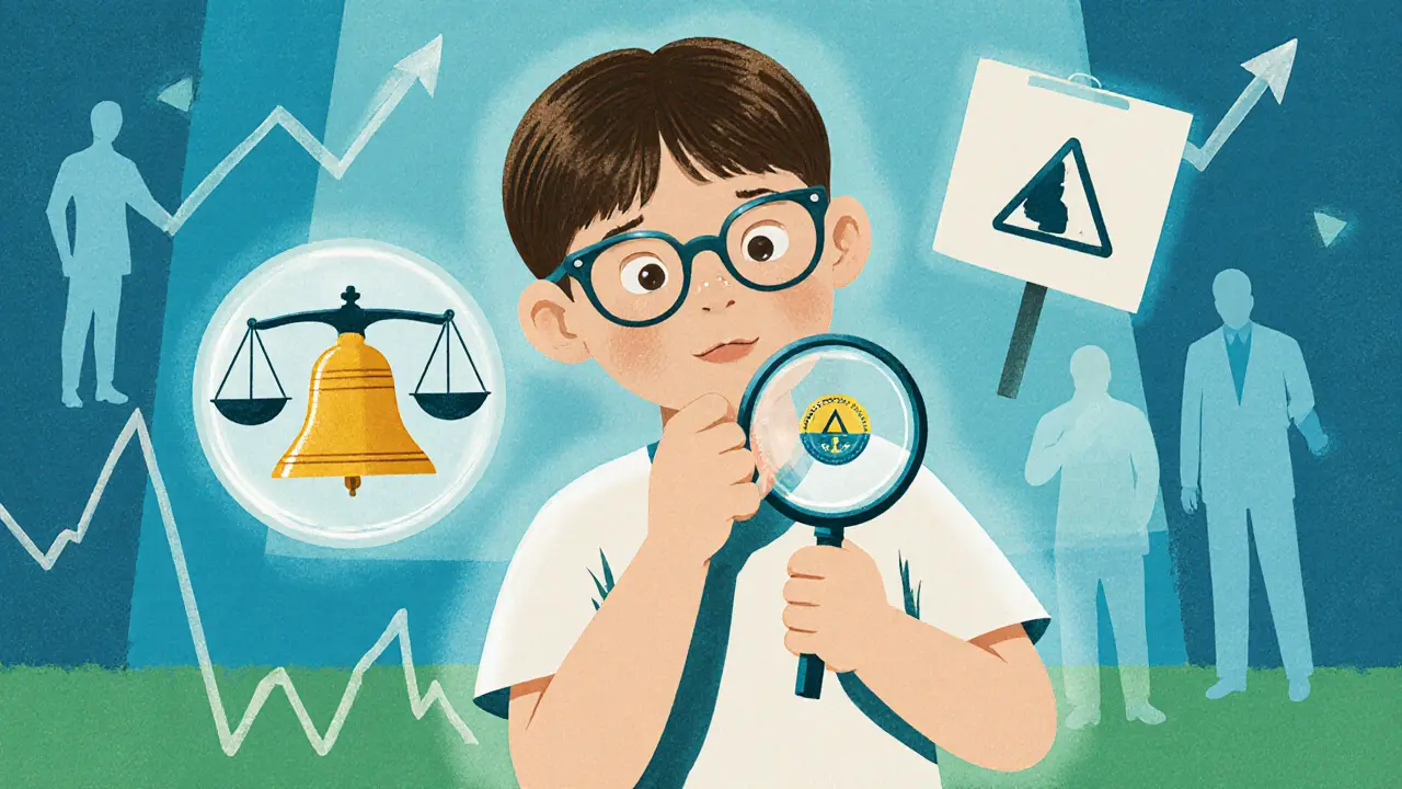 Child examines an SCF token with a magnifying glass beside a risk‑reward scale.