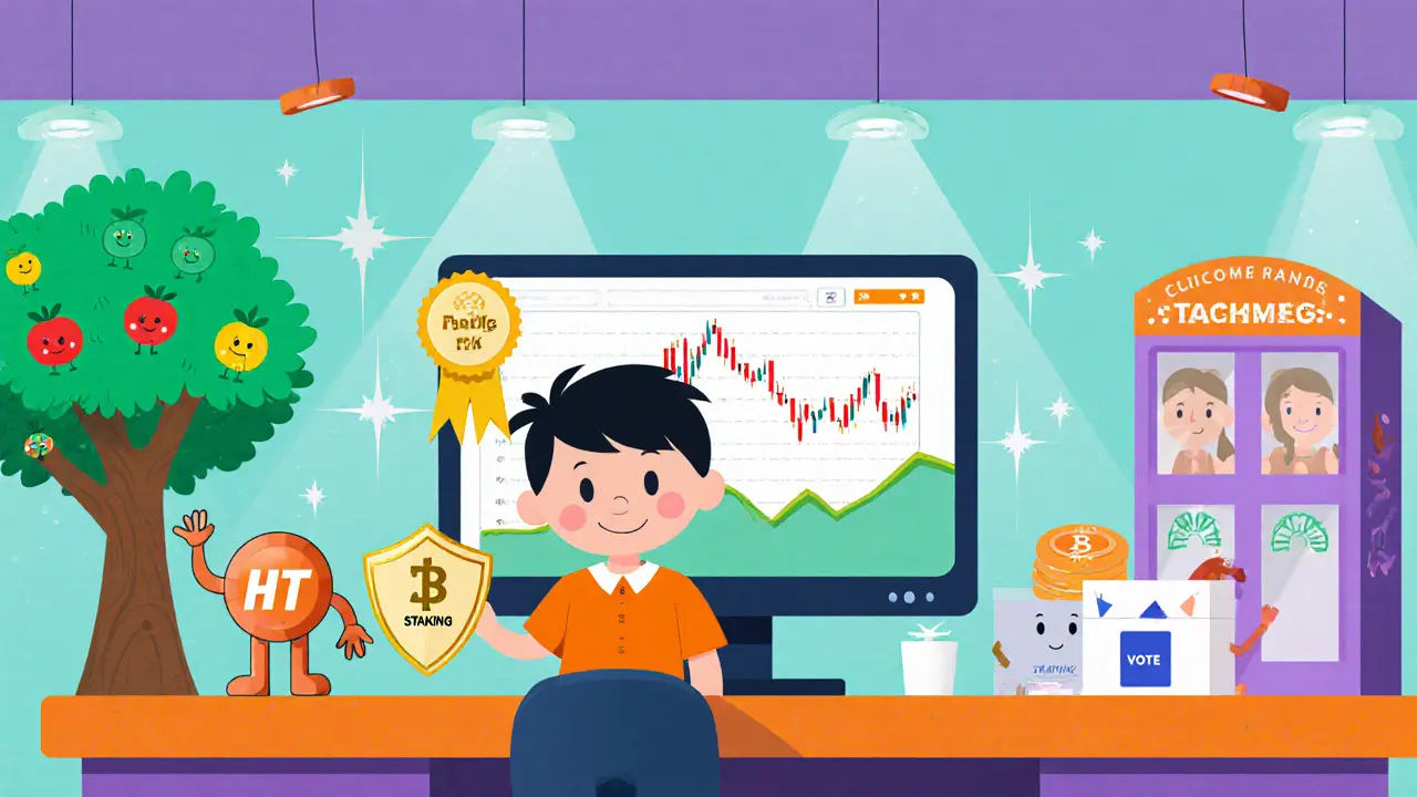 Child trader at a cartoon desk with token helpers giving discounts, staking, and voting.