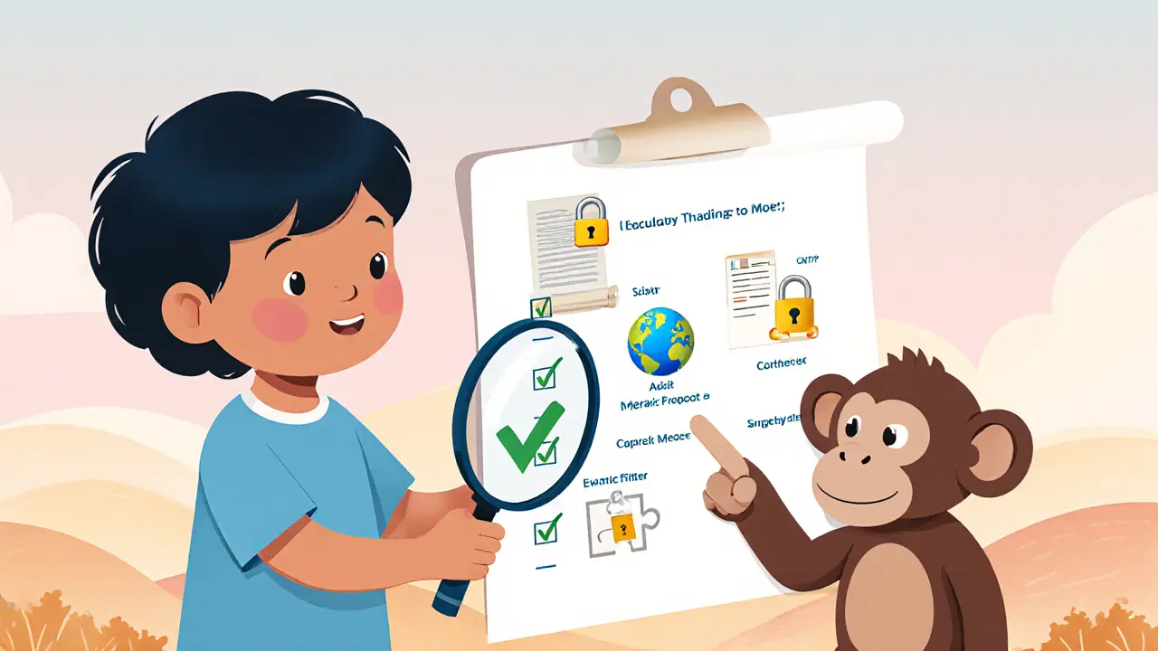 Child using magnifying glass to check safety checklist with ape guide.