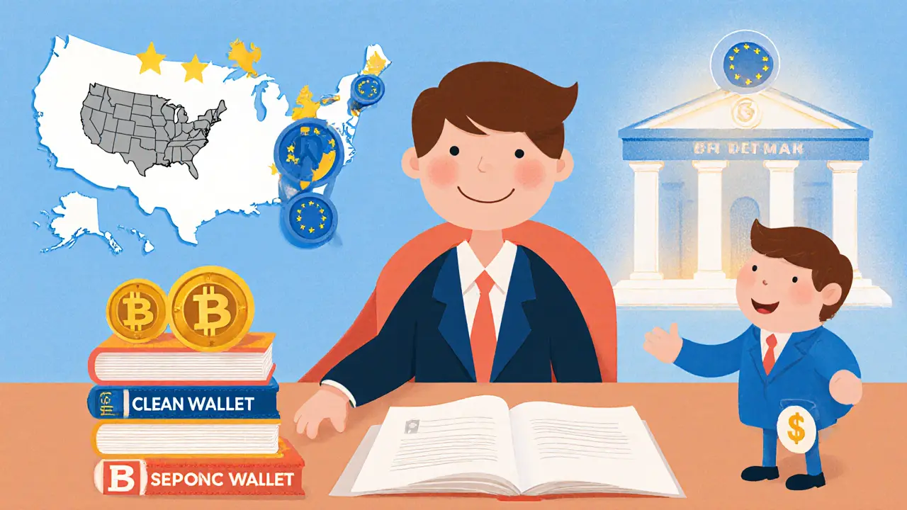 Child with multiple wallets, documents, and a map of US vs EU showing safe crypto steps.