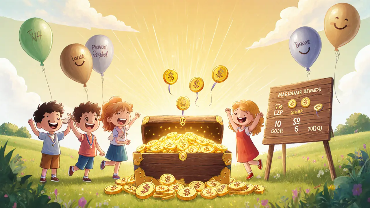 Children celebrating with a treasure chest of $LZ tokens and gold NFT medals.