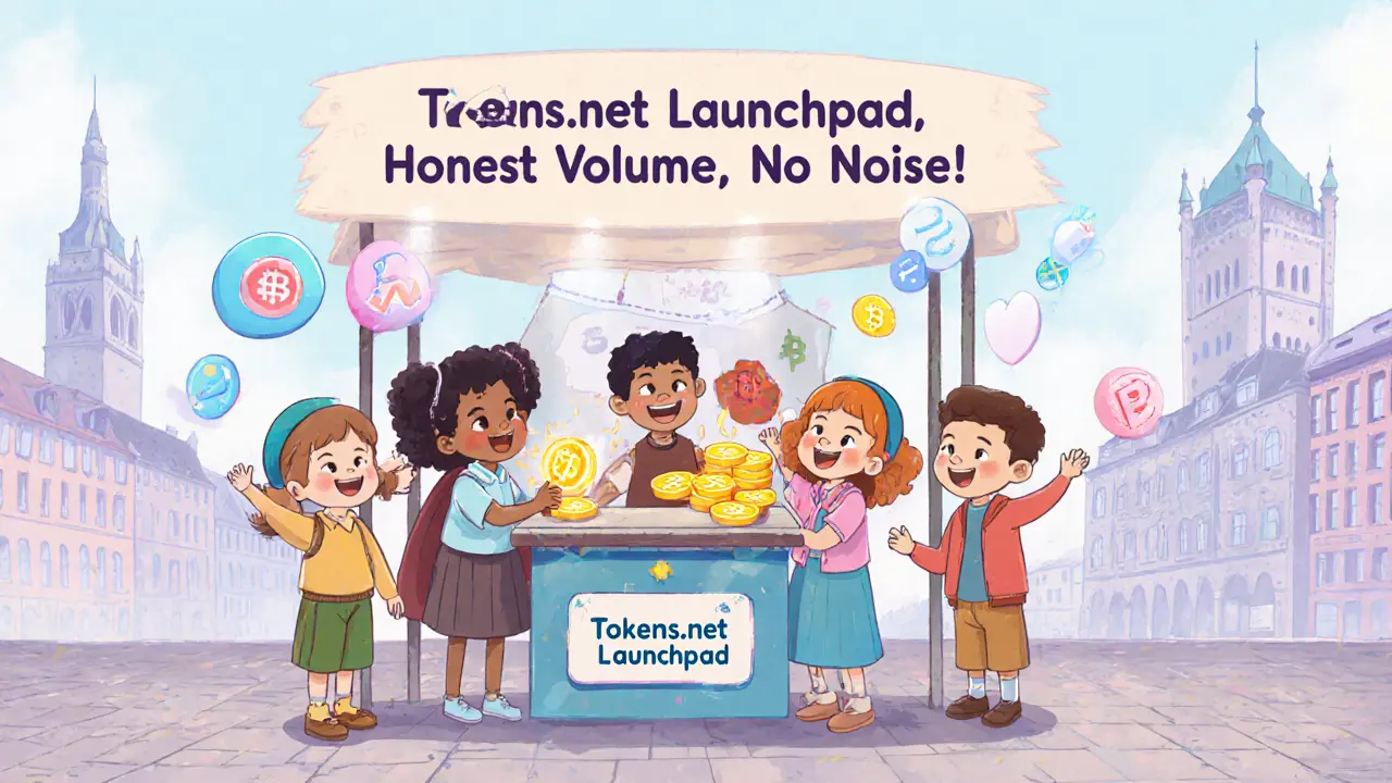 Children trading new crypto tokens at a cozy launchpad stall in a quiet European town square.