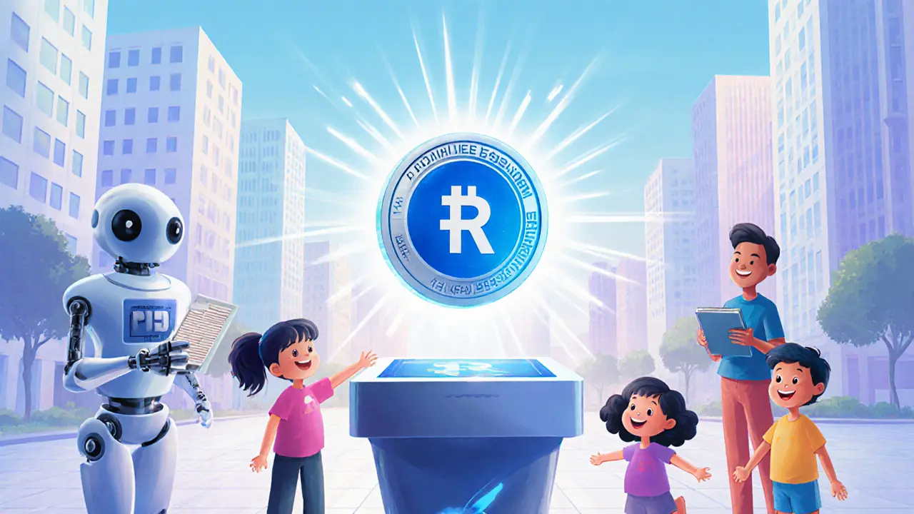 Children using a glowing digital ruble token at a futuristic kiosk in a sunny plaza.