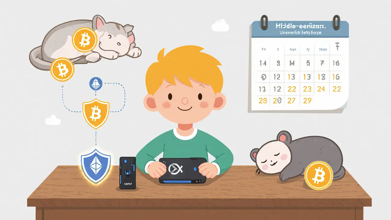 Cozy desk with Ledger and Trezor wallets, shield icons, and a calendar showing yearly rebalance.