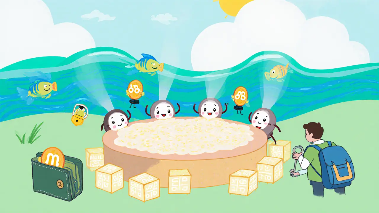 Cute token characters voting at a DAO table beside a smiling AMM pool and friendly wallet backpack.