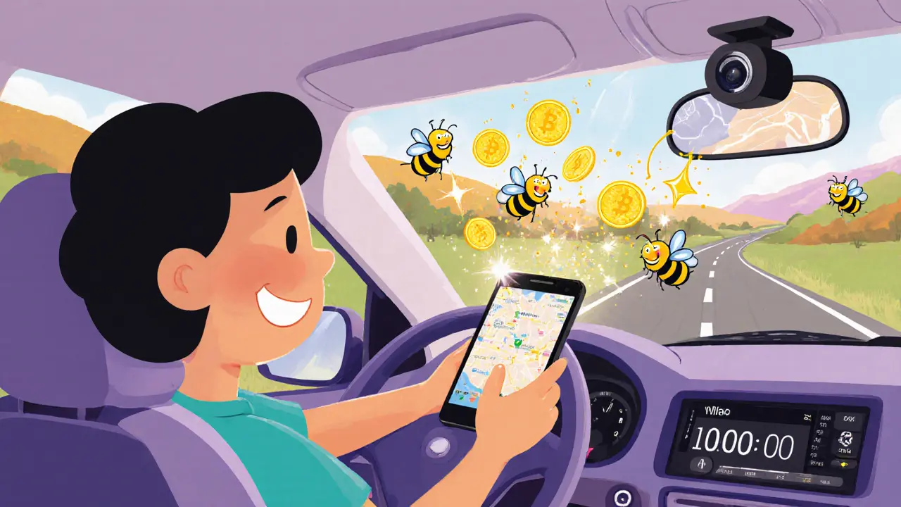 Driver earning honey‑shaped coins as the car drives and records video.