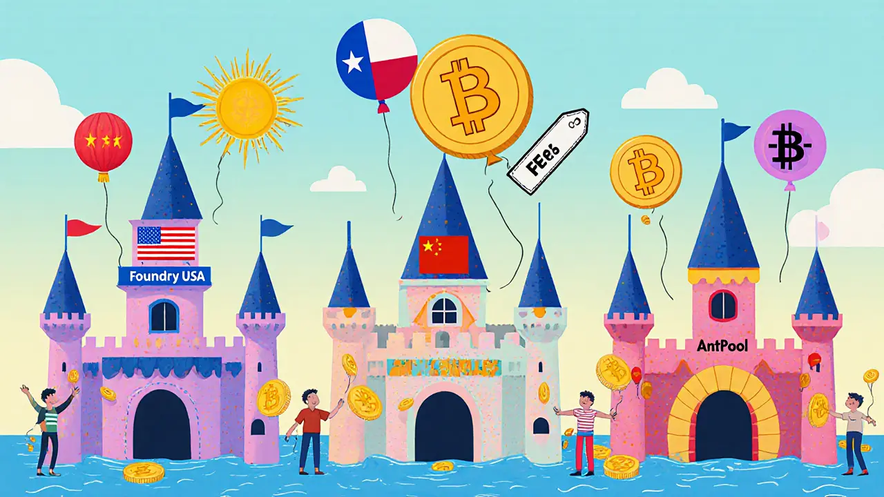 Five colorful mining pool castles with Bitcoin coins being tossed in, fee percentages floating as balloons above.