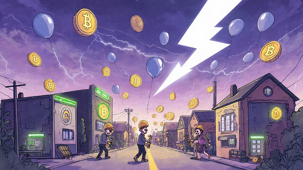 Future Bitcoin town with eco miners, floating fee coins, and a lightning symbol.