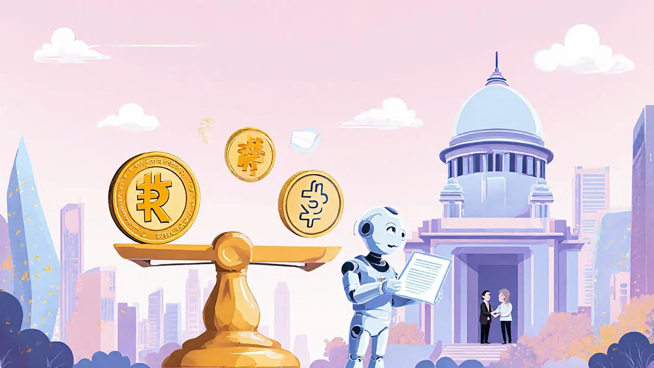 Future city scene with digital rupee and crypto icons balanced on a scale held by a friendly RBI robot.