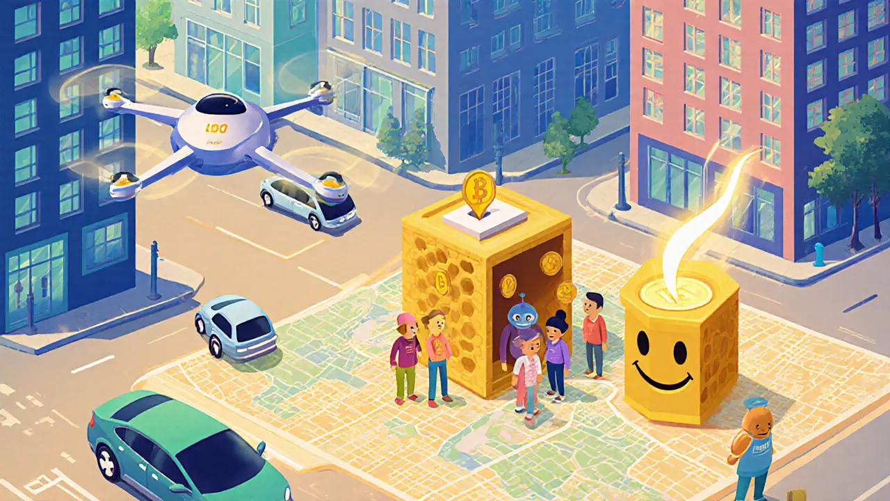 Future city with autonomous vehicles, a drone mapping, and characters voting with honey tokens.