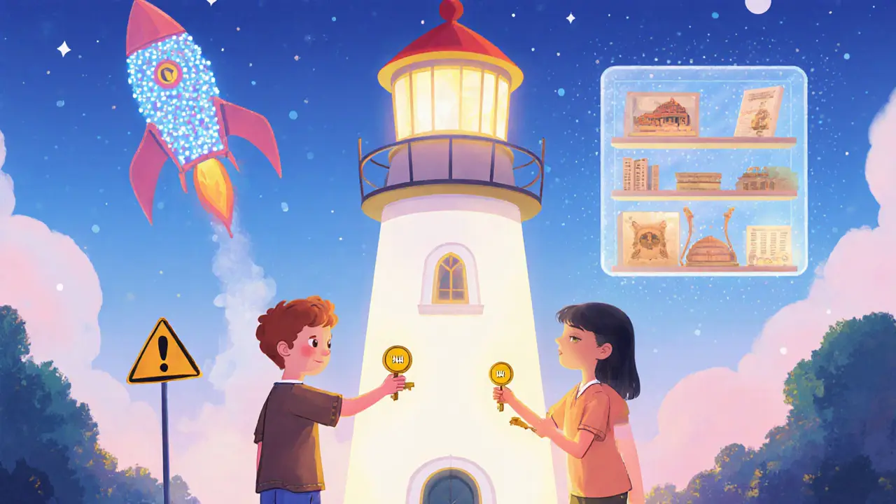 Future museum archive with kids using HAO tokens to unlock glowing digital treasures.