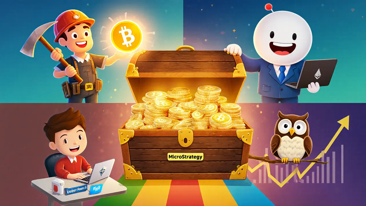 Miner, corporate mascot, Reddit avatar, and owl standing around a treasure chest of coins.