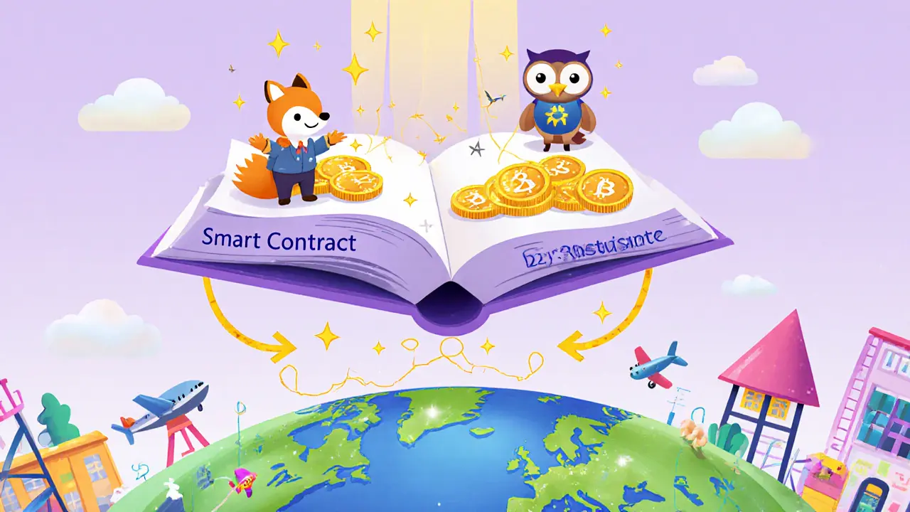 Open magical book of smart contracts with kids trading glowing token coins around a global DEX globe.