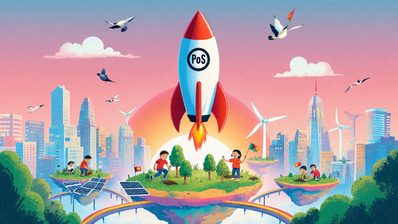 Optimistic PoS rocket soaring over a clean city, sharding islands, and children planting trees.