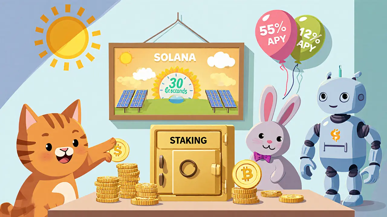Playful characters staking SCF tokens on a sunny Solana board with APY balloons.