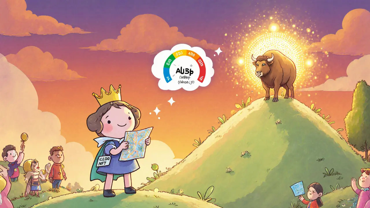 Polqueen avatar on land with discount map, beside a glowing Bull NFT showing power levels.