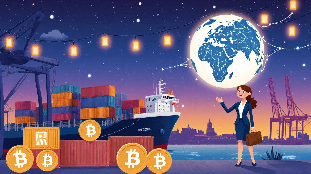 Port scene with cargo ship loading Bitcoin crates and investor pointing at a glowing globe.