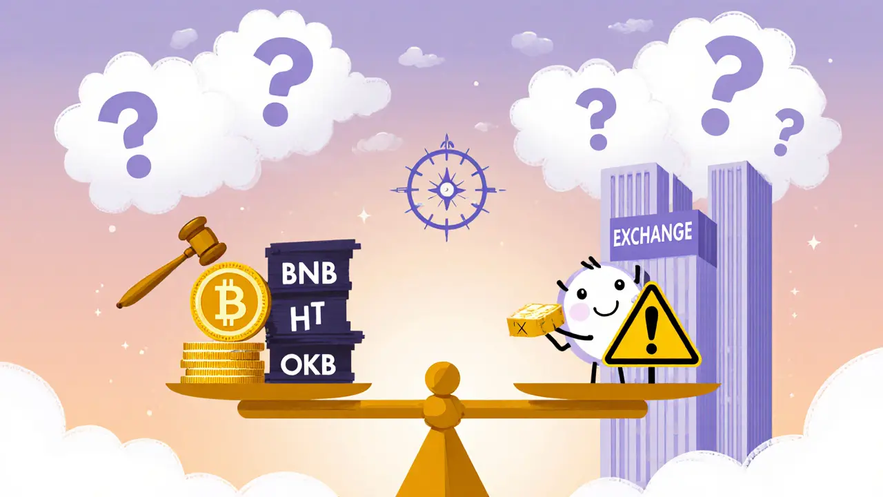 Scale balancing exchange tokens against a gavel, with merging towers in the background.