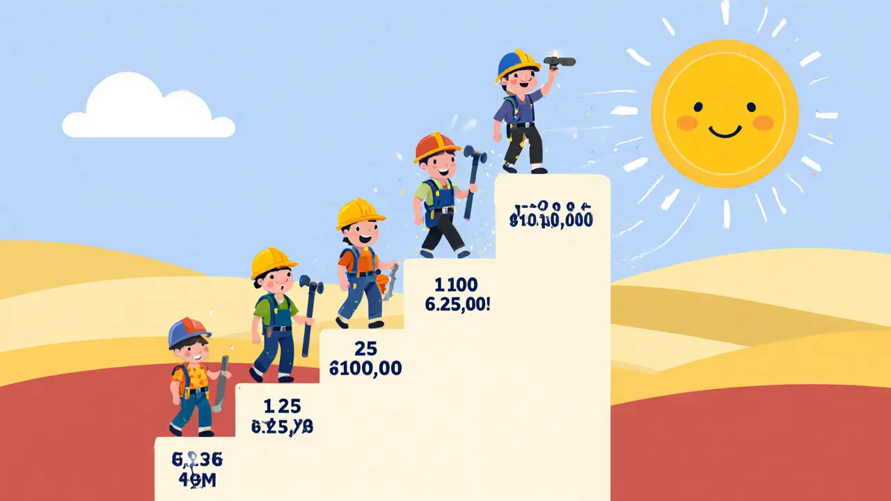 Staircase of block steps showing halving rewards with smiling miners climbing.
