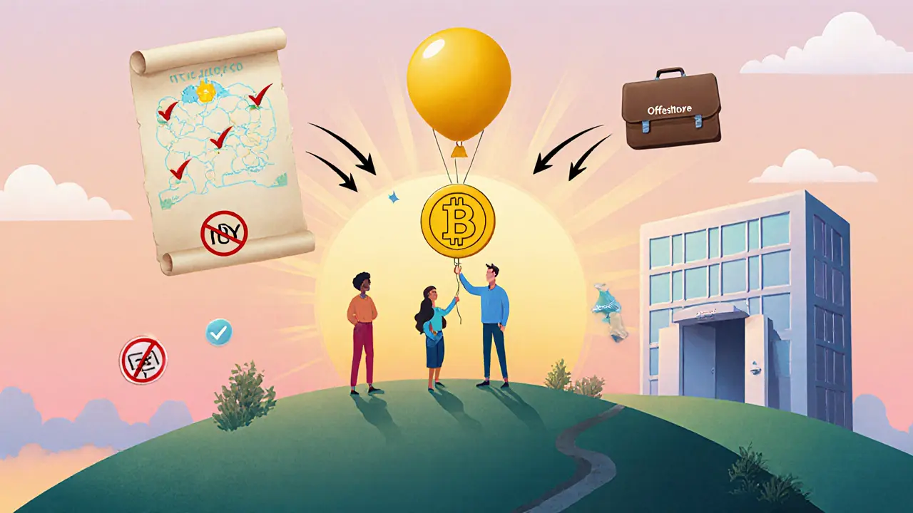 Startup team holds a golden Bitcoin balloon under a sunrise, illustrating hopeful crypto future.
