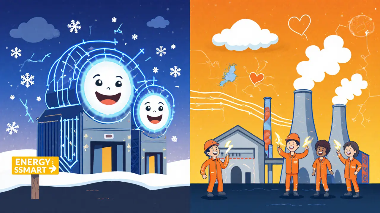 Two panels showing efficient mining rigs on left and busy aluminum smelters on right with a Norway map.