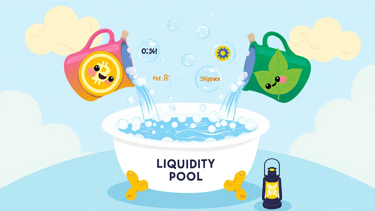 Whimsical tokens are added to a small liquidity pool bathtub in a cartoon illustration.