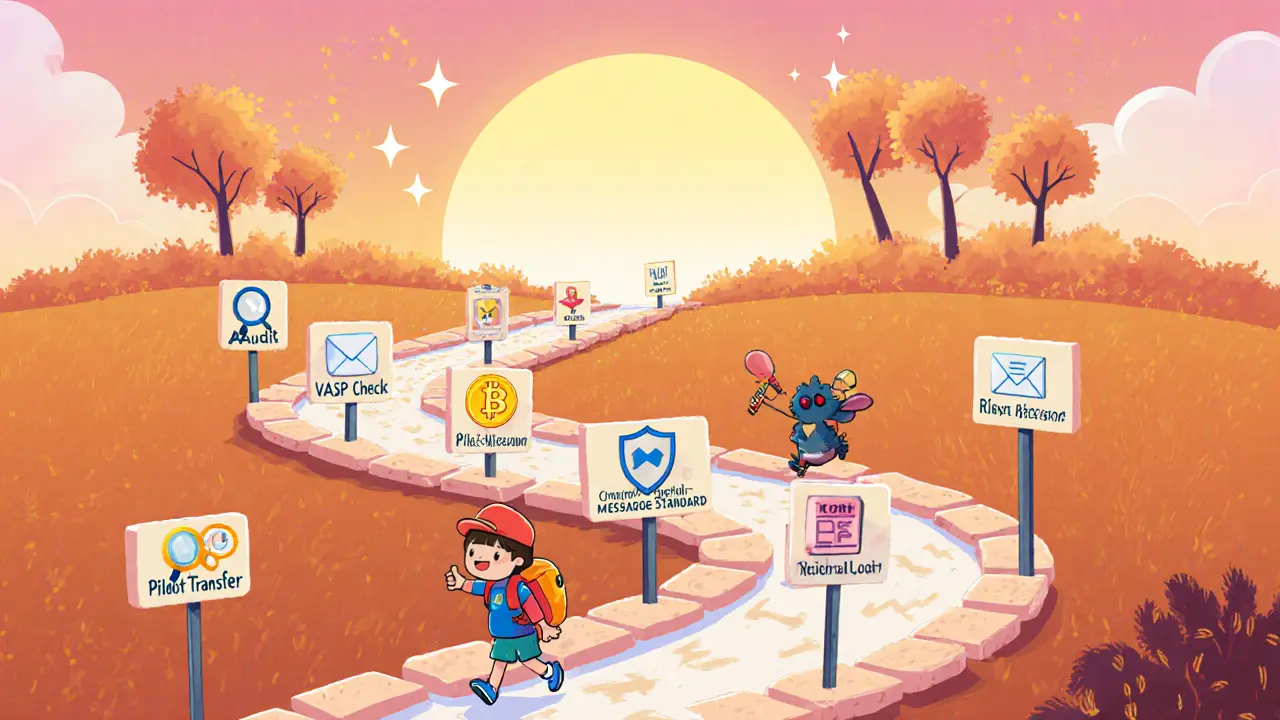 Winding road of blockchain links with stepping‑stone signs showing compliance steps.