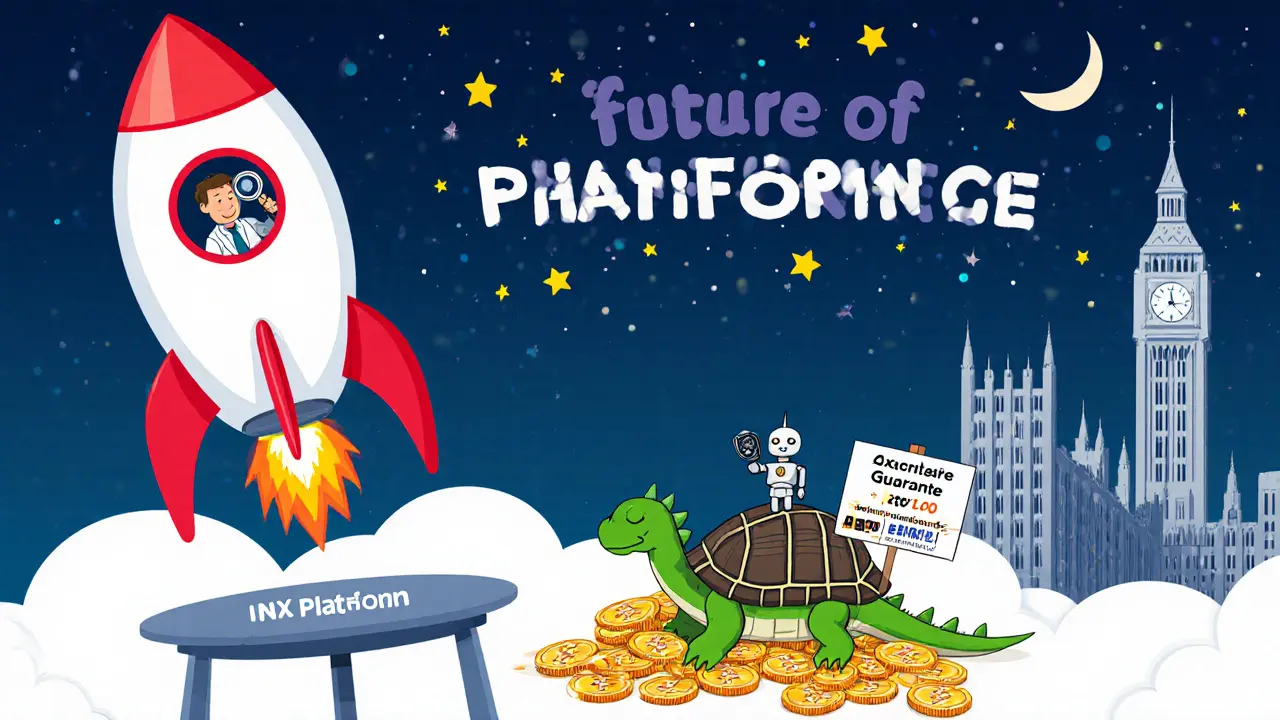 A blockchain rocket launches with investors and a robot, leaving behind a sleeping dragon of meme coins.