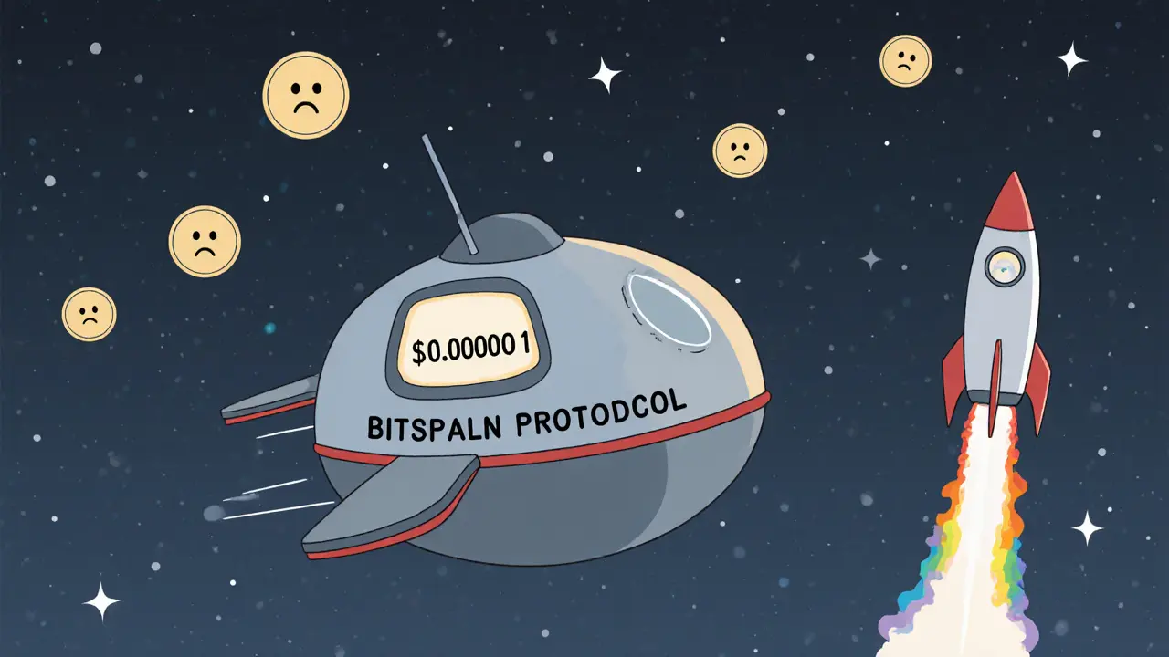 A broken spaceship floats in space with a tiny price tag, while a new rocket launches toward a rainbow.