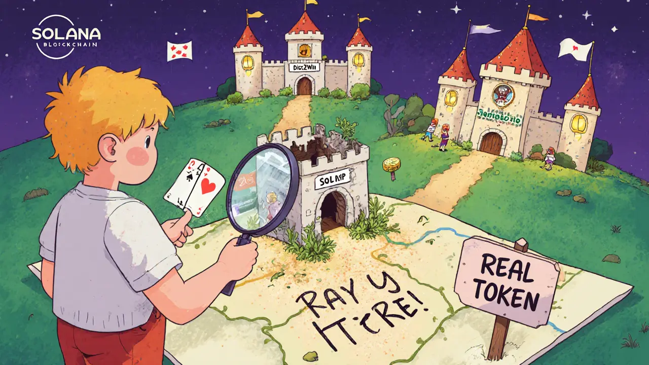 A child examining a crumbling SOL-Poker castle next to thriving real crypto gaming platforms.