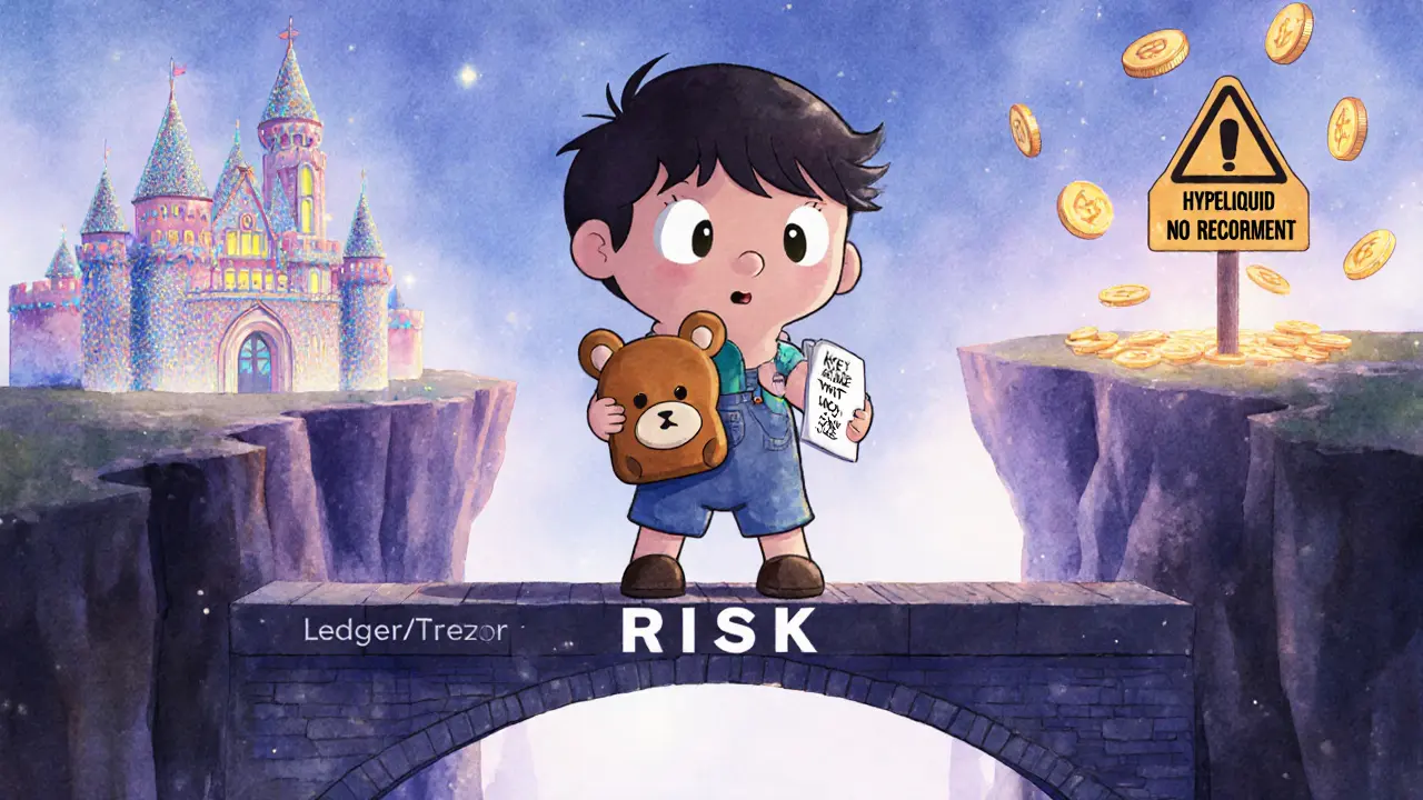 A child holding a teddy bear wallet on a bridge, choosing safety over a risky crypto platform.