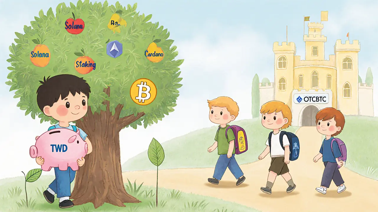 A child holding a TWD piggy bank under a tree with Bitcoin and Ethereum fruit, while others walk to a bigger exchange.