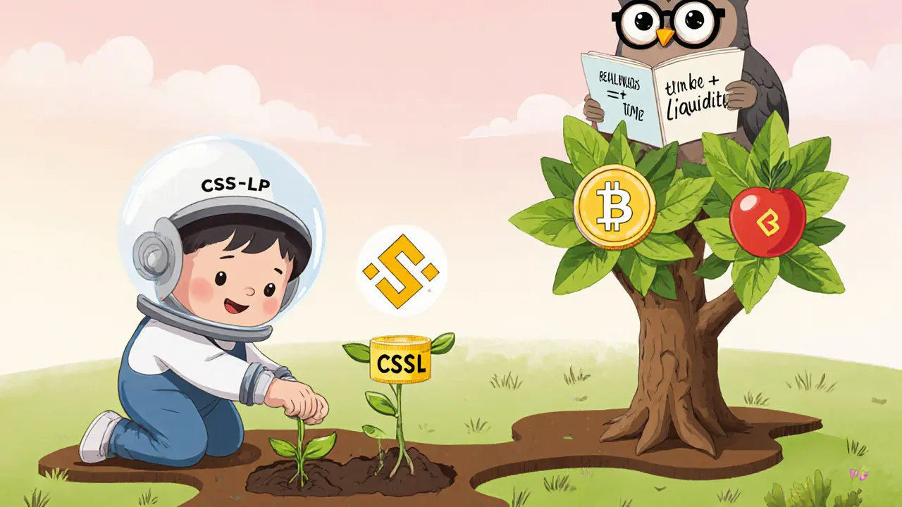 A child plants a CSS-LP seed that grows into a tree with CSS coins and CSSl crown fruit.